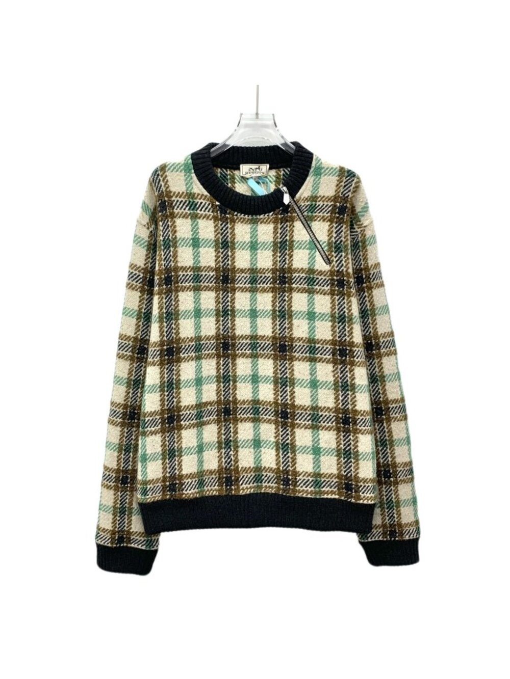 Hermès Color-Block Plaid Wool Zip-Detail Knit Sweater